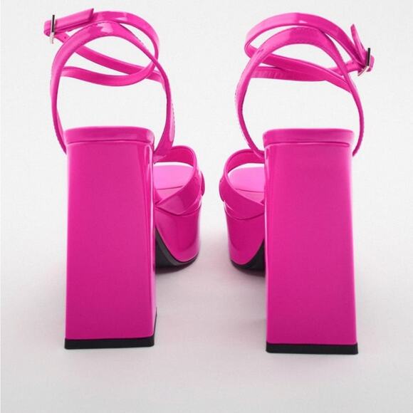 ZARA NEON PINK PATENT STRAPPY CHUNKY PLATFORM HEEL SANDALS SIZE 9 - Picture 4 of 10